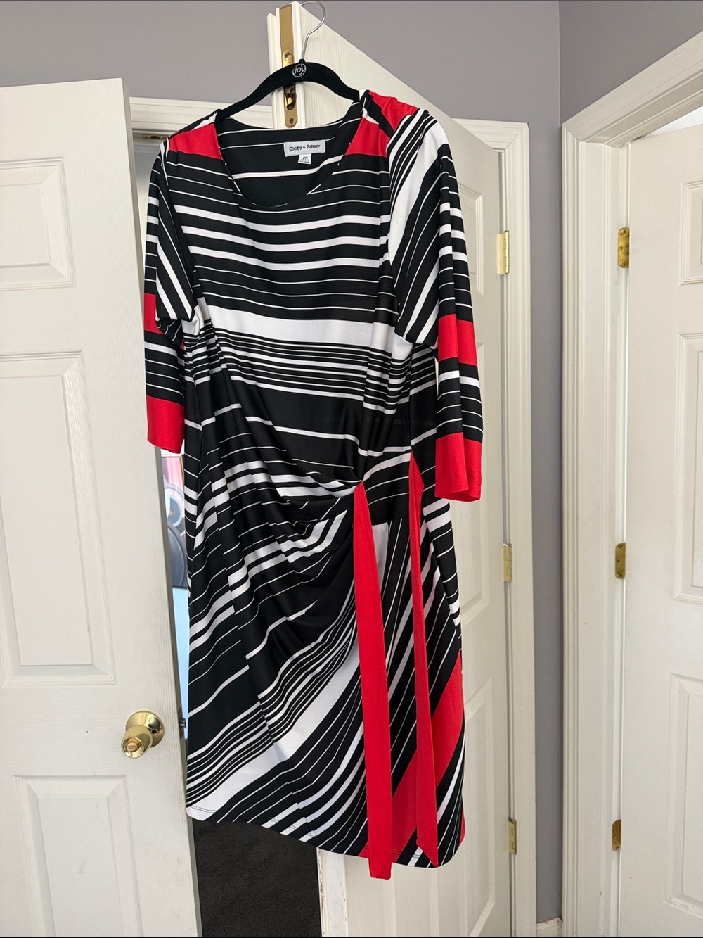 Sandra Darren Black, White & Red Striped Midi Dress with Knot Detail
